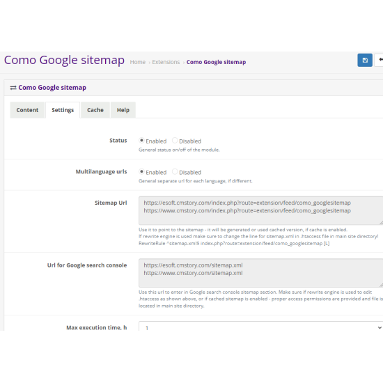 Como Google Sitemap XML generator with settings