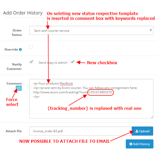 Como Order History Advanced - template comments, file uploads