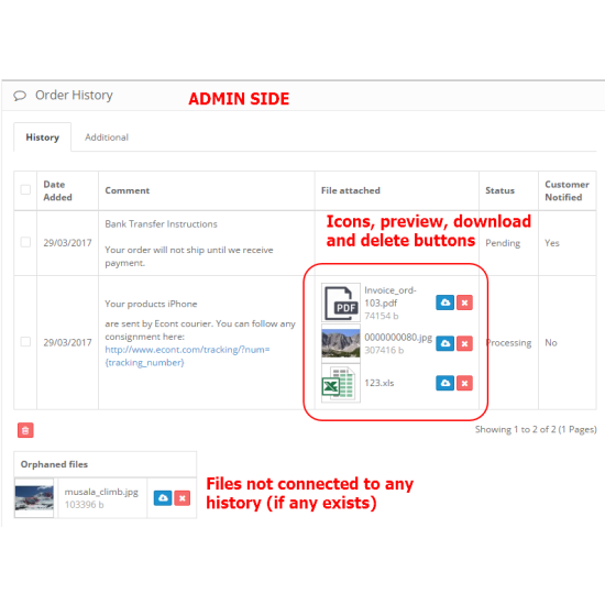 Como Order History Advanced - template comments, file uploads