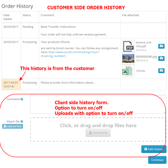 Como Order History Advanced - template comments, file uploads